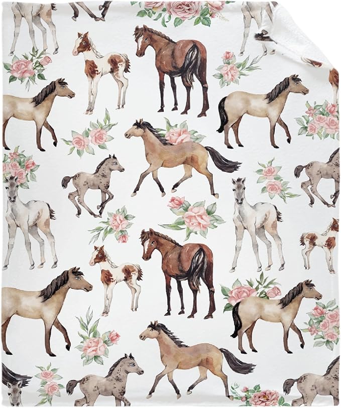 Horse Rose Blanket for Adults,Flowers Throw Blanket for Girls Boys Lightweight Cute Horses Soft Cozy Flannel Blanket for Kids 90 * 120 Inches