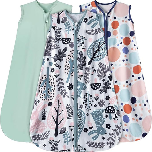 Baby Sleep Sack 0-6 Months 3 Pack Baby Wearable Blanket 100% Rayon Cotton 2-Way Zipper Toddler Sleeping Sack .Comfy Soft Lightweight TOG 0.3 (Rabbit&Rocks&Green, 0-6 Months)