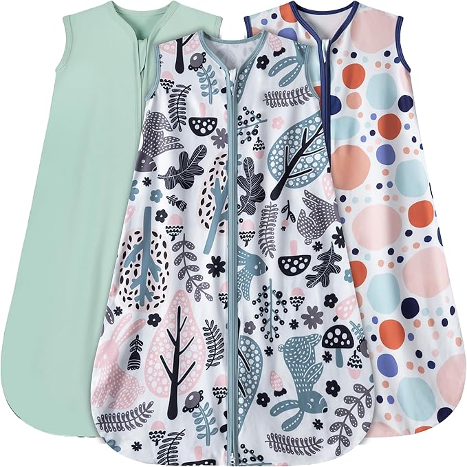 Baby Sleep Sack 12-18 Months 3 Pack Baby Wearable Blanket 100% Rayon Cotton 2-Way Zipper Toddler Sleeping Sack .Comfy Soft Lightweight TOG 0.3 (Rabbit&Rocks&Green,)