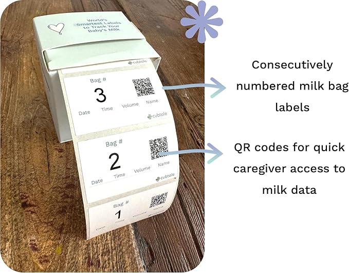 Cubtale Smart Milk Bag Labels – Breast Milk Expiration, Inventory & Storage Tracking with QR Code – Caregiver Access to Breastfeeding Details – 500 Consecutively Numbered Self-Adhesive Labels