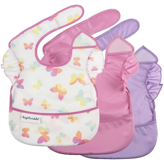 Tiny Twinkle Mess Proof Baby Bibs for Eating – Waterproof, Wipeable Toddler Bibs with Pocket – Baby Food Bibs for Girls & Boys(3 Pack,Butterfly)