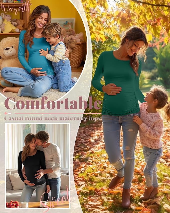 Ficerd 3 Pack Women's Maternity Shirts, Long Sleeve Side Ruched Pregnancy Tee Tops Crew Neck Casual Mama Clothes Basic Tunic