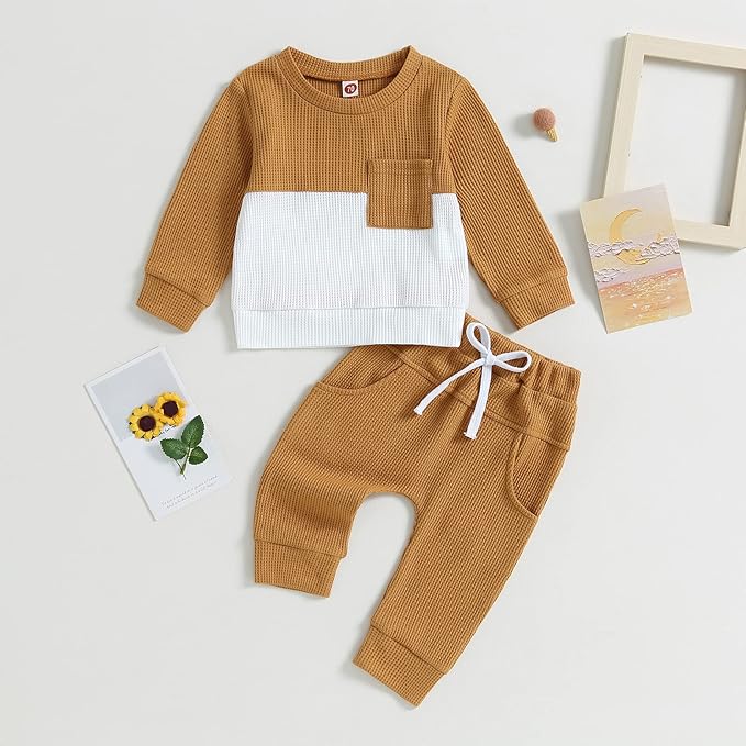 Toddler Baby Boy Fall Clothes Waffle Contrast Color Sweatshirt Pants Sets Infant Winter Outfits 6 12 18 24 Months