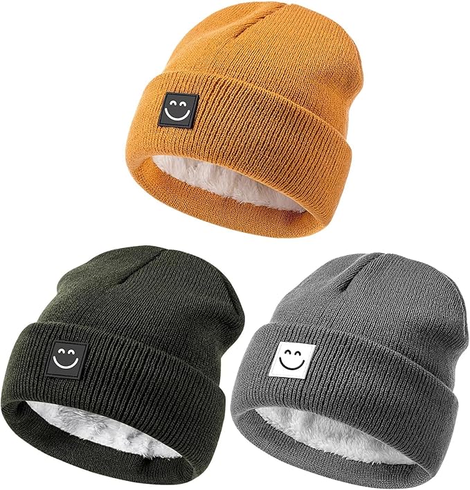 Baby Beanie Hat 3 Packs with Cute Smiley Face, Toddler Girls Boys Baby Hats Winter, Kids Winter Hat Cold Weather