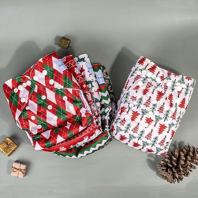 Babygoal Christmas Cloth Diapers 6 Pack with 10pcs Inserts, Reusable Adjustable Washable Baby Pocket Nappy Covers 6FN32