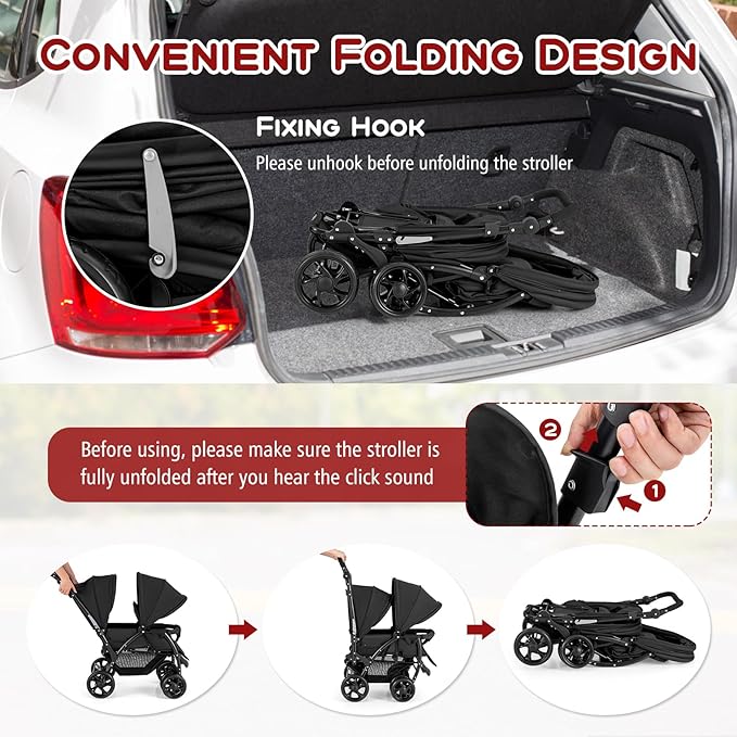 HONEY JOY Double Stroller, Foldable Lightweight Infant Twin with Tandem Seating, 5-Point Harness, Recline Seat, Storage Basket, Compact Baby Double Stroller Newborn and Toddler (Black)