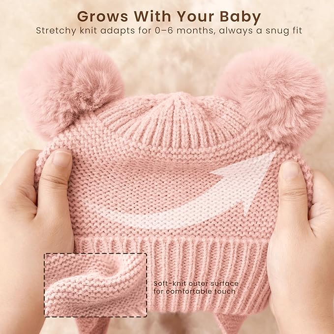 Konssy 2 Pack Baby Winter Hat with Earflaps, Warm Knit Beanie, Cozy Baby Hat for Boys & Girls 0–6 Months