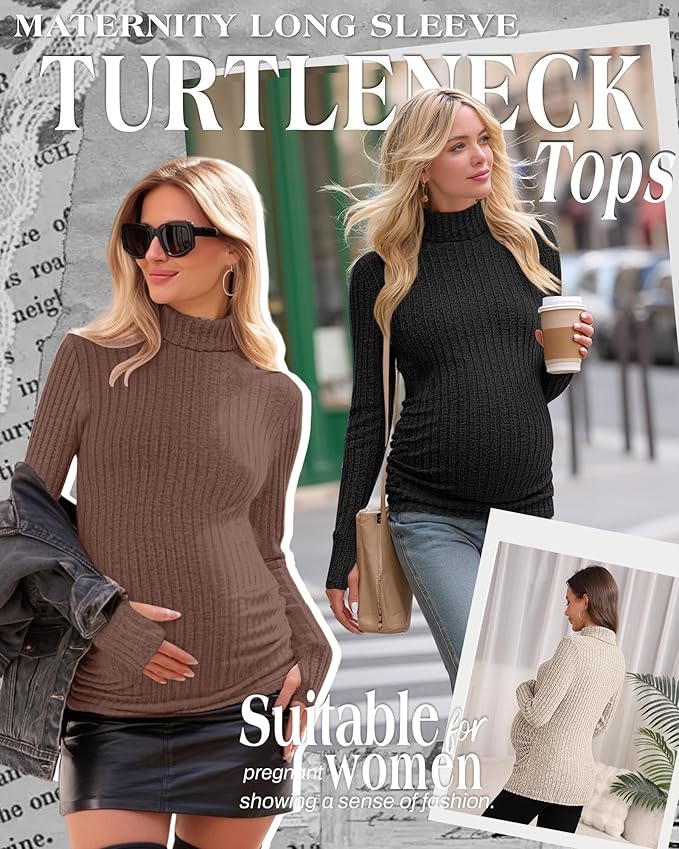 3 Pack Maternity T-Shirts Pregnancy Tops Women Sweater Long Sleeve Turtleneck Ribbed Finger Sleeve Outfits