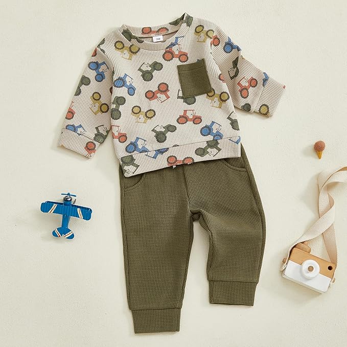 Toddler Baby Boy Fall Clothes Waffle Outfit Long Sleeve Color Blocking Sweatshirt Pullover Jogger Pant Set