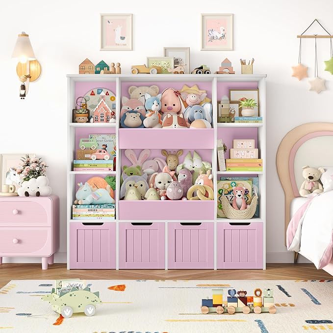 FINETONES Toy Organizers and Storage with 4 Movable Drawers, Large Toy Storage Organizer with 8 Open Storage Cubbies, Kids Bookshelf and Toy Storage with Hidden Wheels for Playroom, Kids Room,Pink