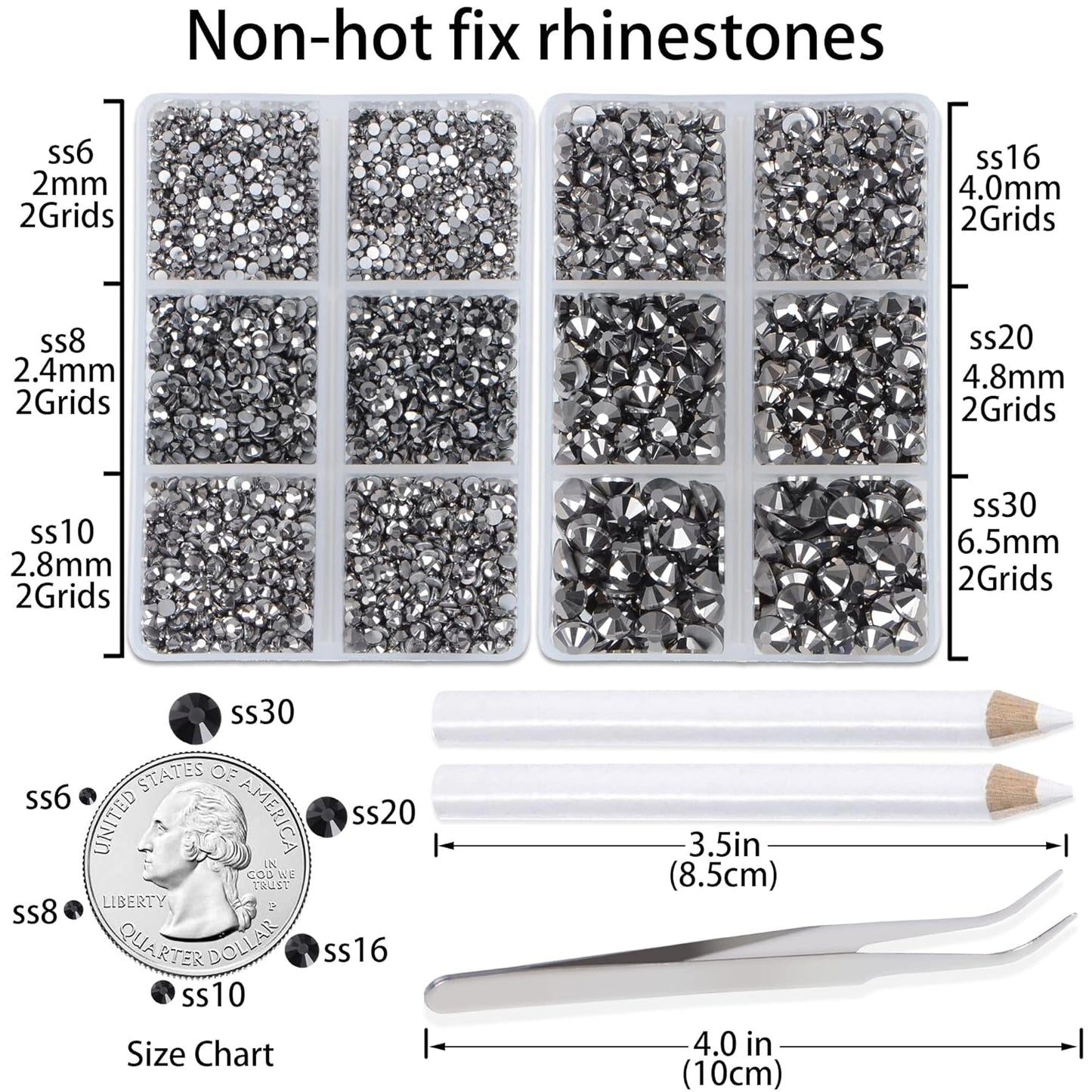 LPBeads 6000 Pieces Jet Hematite Non Hotfix Rhinestones 6 Sizes Round Crystal Glass Flat Back Rhinestones with Tweezers and Picking Pen for Nail Art Crafts Clothes Bags DIY