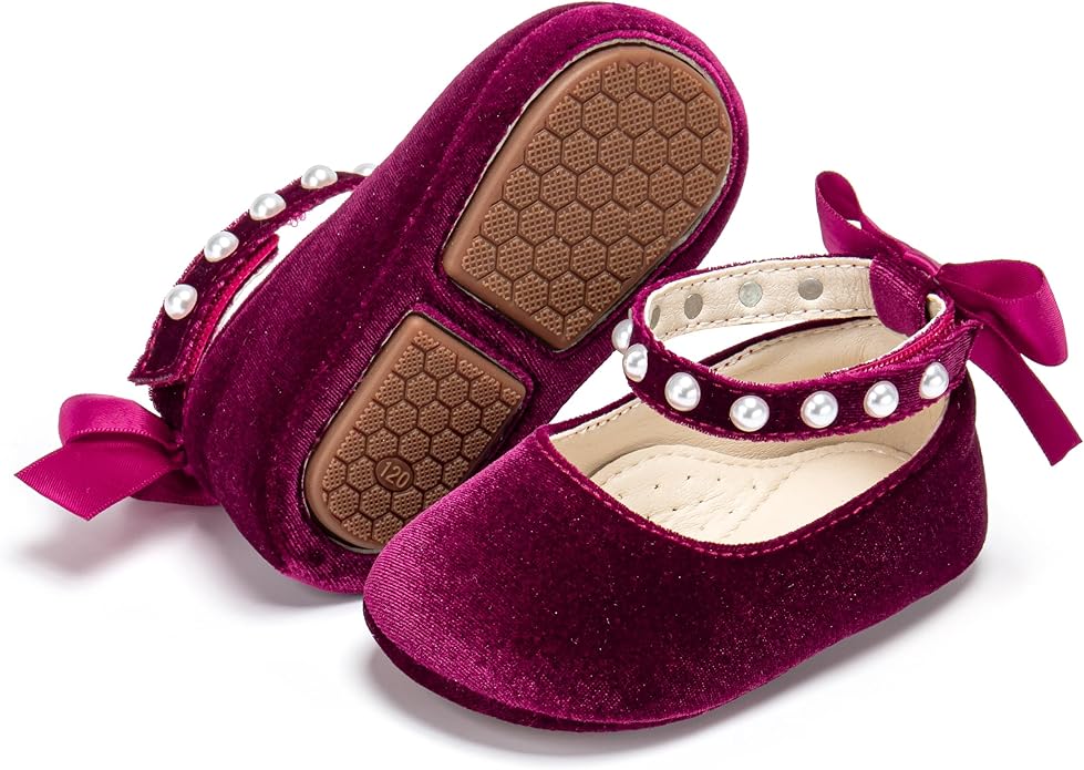 Baby Girls Mary Jane Flats - Infant Newborn Walking Shoes Soft Rubber Sole Princess Wedding