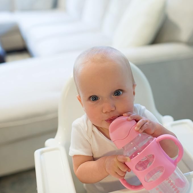 Dr. Brown's Milestones Wide-Neck Sippy Straw Bottle with 100% Silicone Handles and Weighted Straw, 9 oz/270 mL, Gray & Pink, 6m+, 2 Count (Pack of 6)