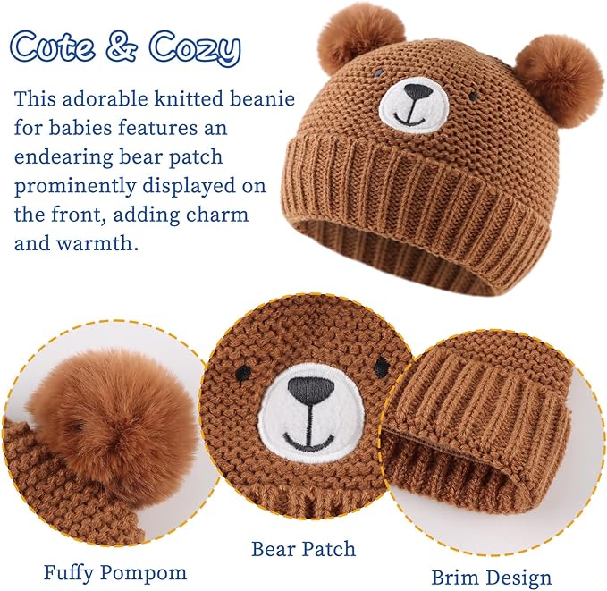 JANGANNSA Cute Bear Baby Beanie Pompom Baby Boys Hat Infant Toddler Winter Knitted Beanies for Girls