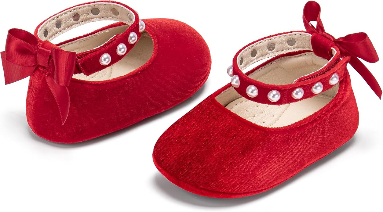 Baby Girls Mary Jane Flats - Infant Newborn Walking Shoes Soft Rubber Sole Princess Wedding