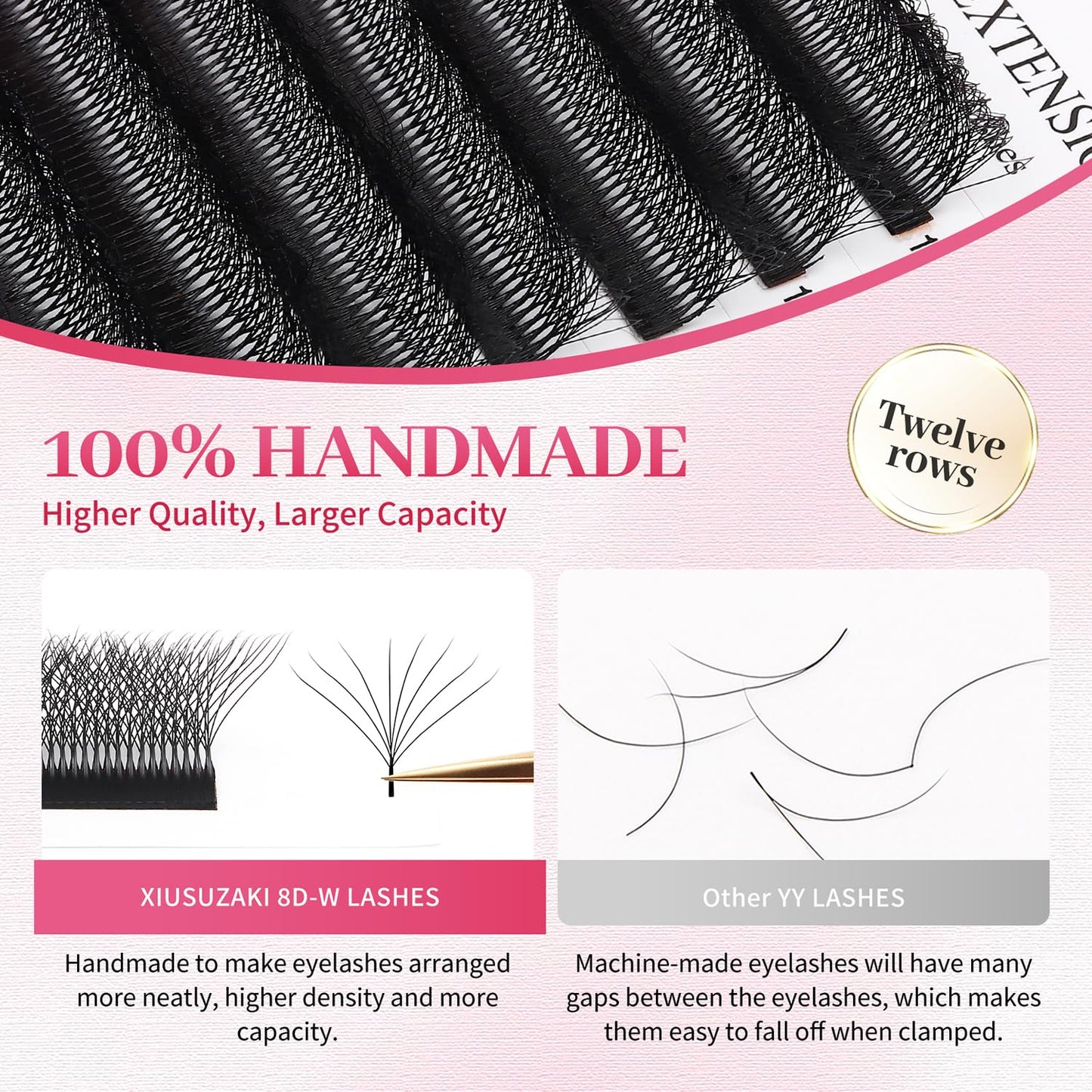 W Lash Extensions Supplies 8D Eyelash Extensions W Shape 0.07mm Thickness D Curl 9mm Premade Fans Easy Fan Lashes Volume Matte Black 12 Rows Crisscross Eye Lashes(W-8D-0.07-D,9mm)