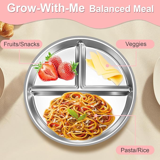 Bella’s Friends Baby Feeding Set, 2 Pack Stainless Steel Divided Plate with Silicone Suction, 2 Set Spoons and Forks, BPA Free, Dishwasher Safe, Baby Led Weaning Supplies, Toddler Utensils,beige green