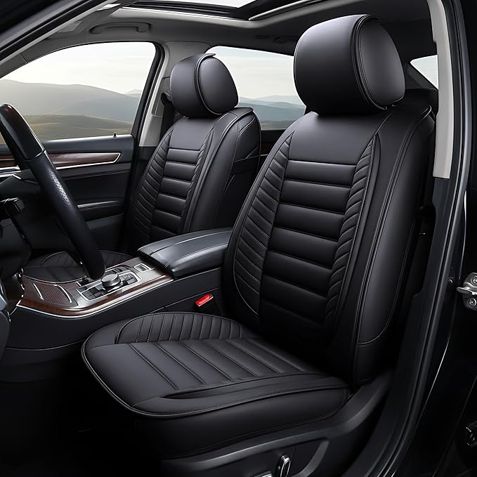 OASIS AUTO Car Seat Covers Premium Waterproof Faux Leather Cushion Universal Accessories Fit SUV Truck Sedan Automotive Vehicle Auto Interior Protector Full Set (OS-001 Black)