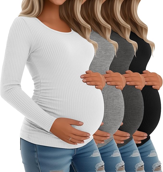 Riyiper 4 Pack Women's Maternity Shirts, Long Sleeve Cotton Ribbed Pregnancy Tee Top Crewneck Side Ruched Casual Mama Clothes