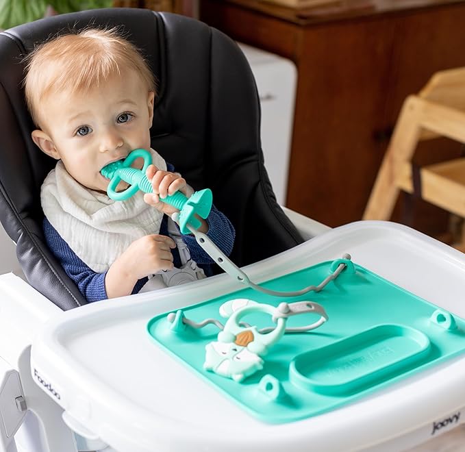 BUSY BABY Silicone Mat Bundle - 1 Original Mat Plus 1 Mini Mat, New Stronger Suction Cups, 6 Straps to Secure Baby Essentials and Keep Them Off The Floor, Baby Led Weaning, Wet Bag Included (Pewter)