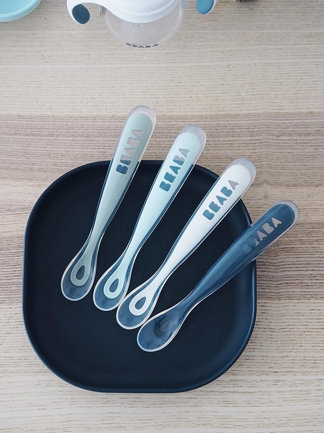 BEABA Baby's First Foods Spoon Set, Original Silicone Baby Spoons, Baby Essentials, Baby Spoons, Pack of 4 Baby Gift Set, BPA Lead & Phthalate Free, Rain