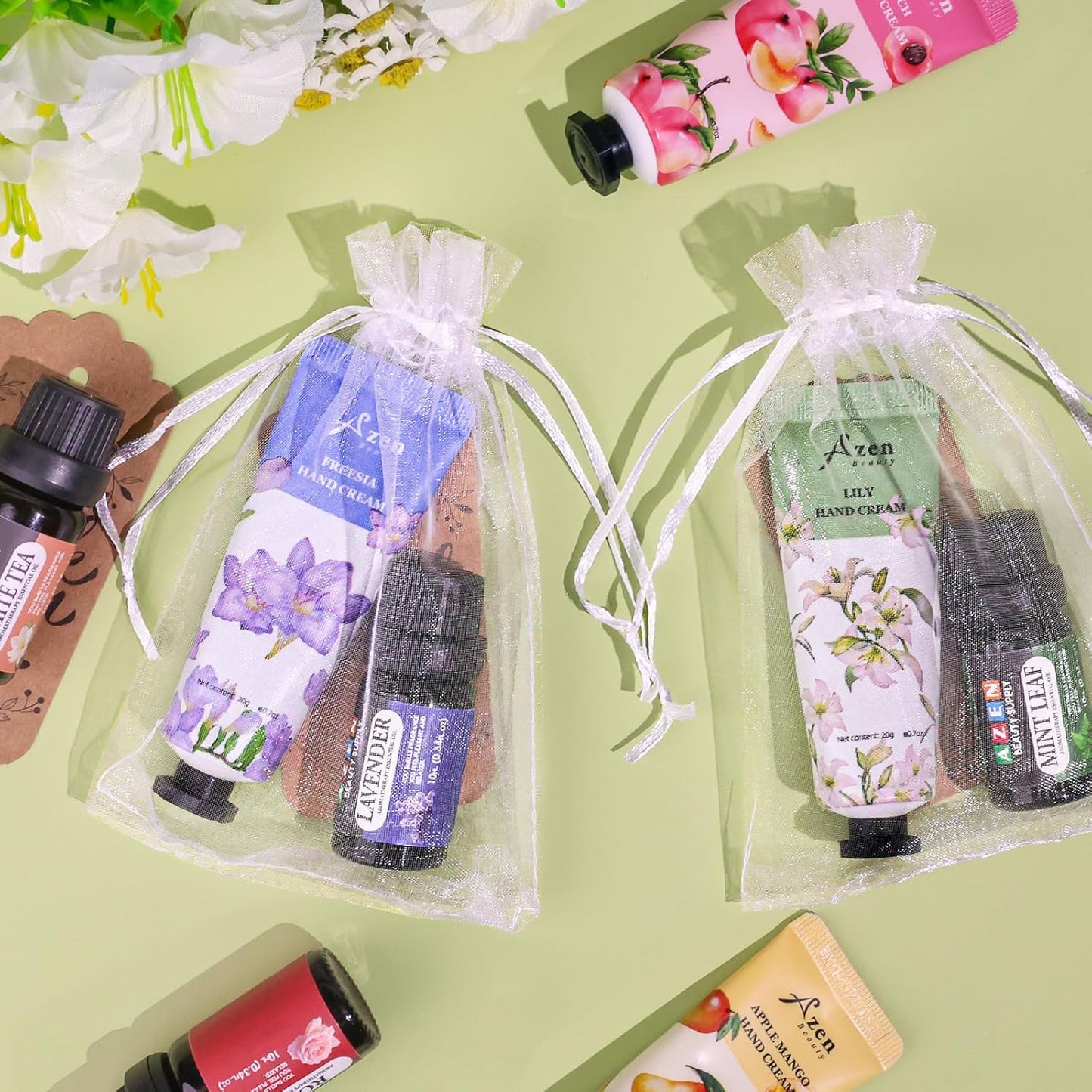 AZEN 60 Sets Bulk Gifts, Hand Cream and Essential Oils Bulk Set with Organza Bag Thank You Card, Baby Shower Wedding Gifts for Guests, Bridal Wedding Favors for Guests,Thank You Gifts for Women