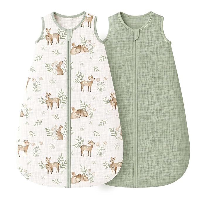 Konssy Muslin Baby Sleep Sack 6-12 Months 0.8 TOG, 2 Pack 100% Cotton Wearable Blanket for Babies, 2-Way Zipper Breathable Sleeping Sack Infant Toddler Essentials for Girls and Boys (Woodland,Sage)