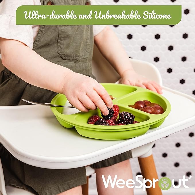 WeeSprout Silicone Plates with Lids for Babies & Toddlers (3 Pack) 100% Food-Grade Dishes for Self Feeding, Divided Design & Raised Edges for Picky Eaters, Dishwasher & Microwave Safe Weaning Supplies