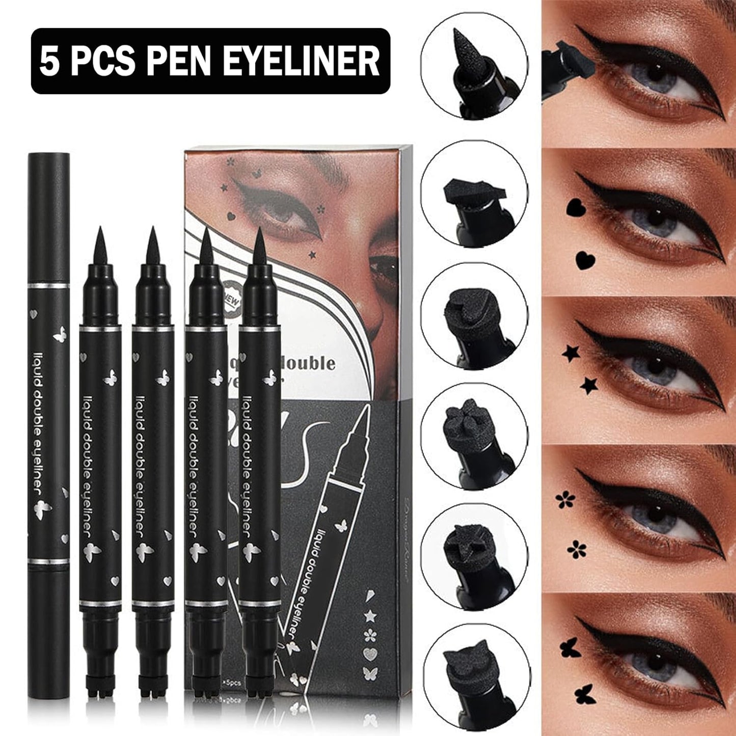 5PCS Liquid Winged Eyeliner Stamp Pen Set - Double-headed Black Eye Liner Pencil - Long-lasting Waterproof Stamp Eyeliner Set for Eye Makeup - Star, Heart, Flower, Butterfly, Triangle