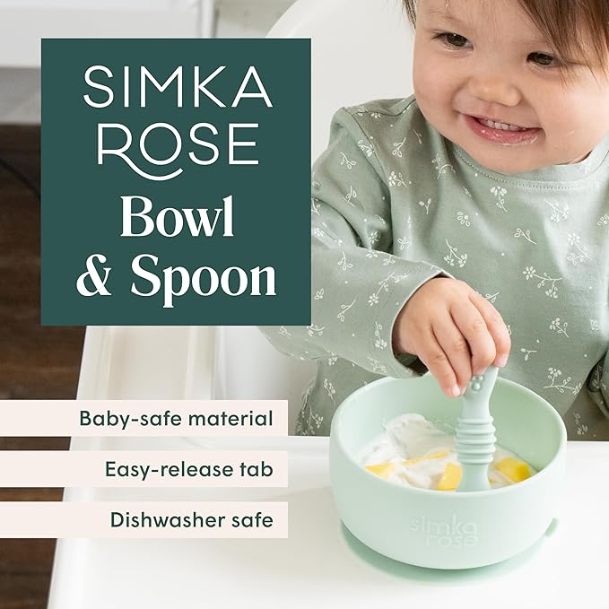 Simka Rose Baby Bowl and Spoon Set, Suction Bowls for Toddlers, BPA-Free Silicone, Dishwasher and Microwave Safe Feeding Supplies (Pebble)