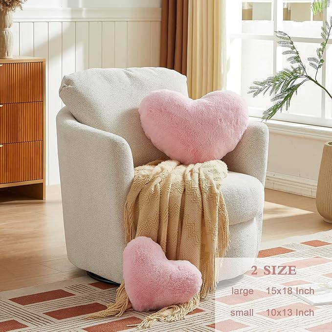 EastTree Heart Pillows, Pink Heart Shaped Pillows, Love Throw Pillows Gifts, Ultra Soft Faux Rabbit Fur Cute Pillows, Women Girls Kid Room Decor 10x13 Inch