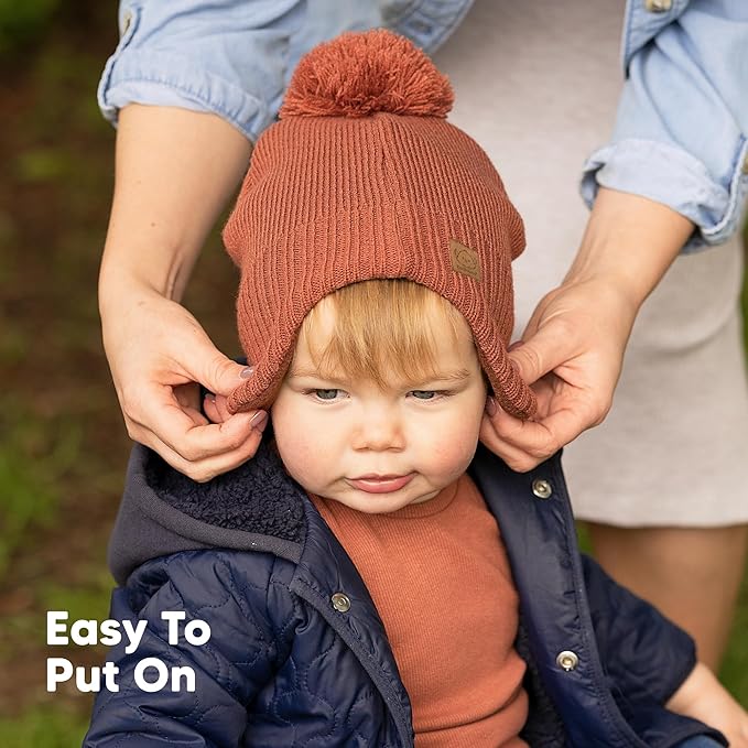 Baby Beanies, Baby Hats for Boys, Girls - Cute Toddler Winter Hat, Soft & Stretchy Beanies for Infant, Newborn 0-6 Months, Cozy & Warm with Earflap Muff & Pom (Clay, S)