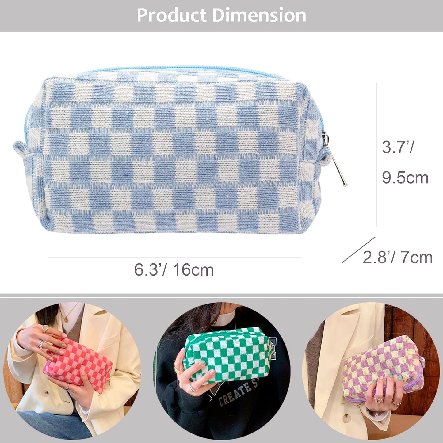 PAZIMIIK Checkered Makeup Bag for Purse Portable Zipper Make Up Pouch Small Cosmetic Case for Travel Accessories (2PCS Blue)