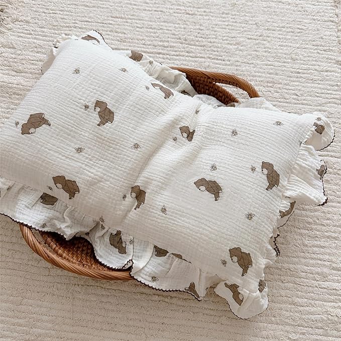 AOJIM Cute Cartoon Pattern Muslin Toddler Kids Pillow Case Super Soft Cotton Baby Crib Pillowcase 1pc with Ruffle Edge, Machine Washable Boys Girls Pillowcase with Bear and Bee Print for Decor,14x20''