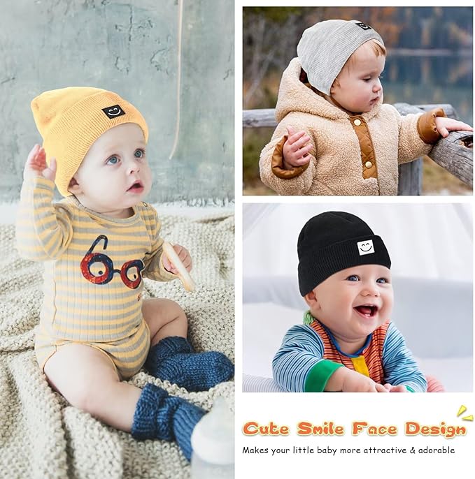 Baby Beanie Hat 3 Packs with Cute Smiley Face, Toddler Girls Boys Baby Hats Winter, Kids Winter Hat Cold Weather