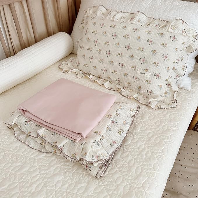 AOJIM Muslin Cotton Kids Pillowcase with Azalea Patterns, Lightweigth Soft Crib Nursery Pillowcase 1PC for Boys Girls, Print Toddler Bedding for Room Decor, Machine Washable, 14x20 Inches