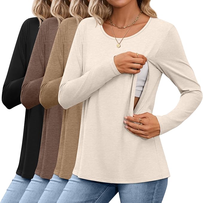4 Pack Women's Cotton Nursing Tops, Breastfeeding Maternity with Hidden Zippers Crew Neck Long Sleeve Pregnancy Shirts