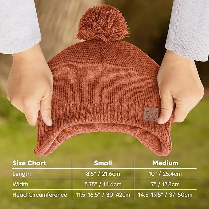Baby Beanies, Baby Hats for Boys, Girls - Cute Toddler Winter Hat, Soft & Stretchy Beanies for Infant, Newborn 0-6 Months, Cozy & Warm with Earflap Muff & Pom (Clay, S)
