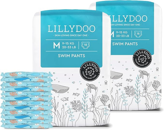LILLYDOO Baby Swim Diapers - Size Medium (20-33 lbs), Half-Monthly Supply (36 Count), Blue Whales Design, Skin-Friendly, Perfume- & Chlorine-Free, Hypoallergenic, Dermatologist Tested, Oeko-TEX®