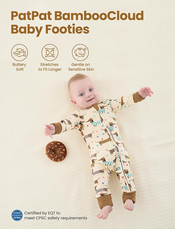 PATPAT Baby Footie Romper with Mittens for Boy and Girl, Anti-Slip & 2-Way Zipper, Long Sleeve, Viscose from Bamboo, Outfit