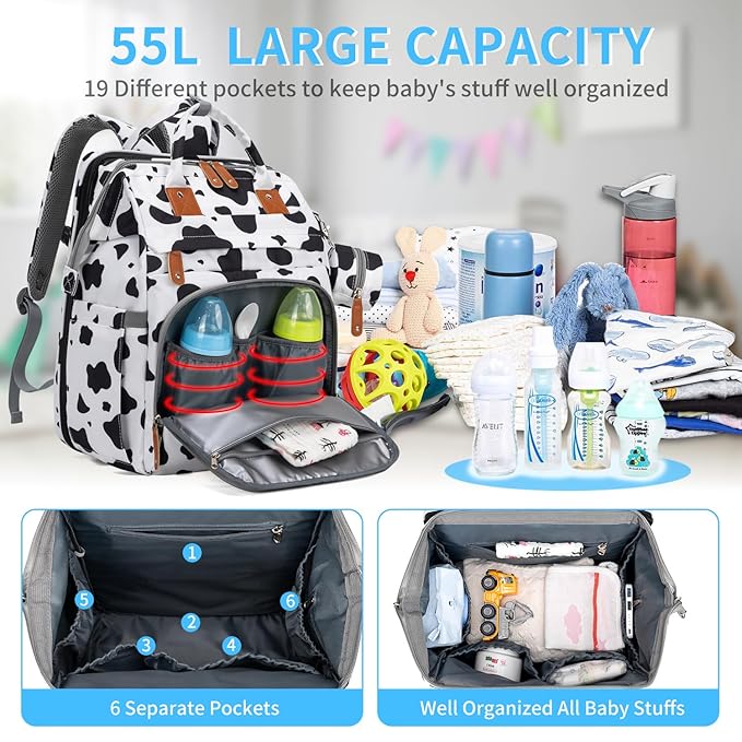 KABAQOO Diaper Bag Backpack with Detachable Changing Station, Large Capacity Baby Diaper Bags for Boys & Girls, Baby Registry Search Stuff & Shower Gifts, Newborn Essentials Must Haves, Cow