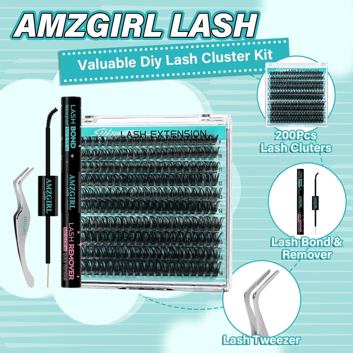 Lash Clusters Kit 200pcs, Eyelash Extension Kit 80D D Curl Diy Cluster Eyelashes Extensions Lash Bond and Remover Waterproof Lash Applicator Tools for 9-16mm Mix Lashes Individual Lash Kit