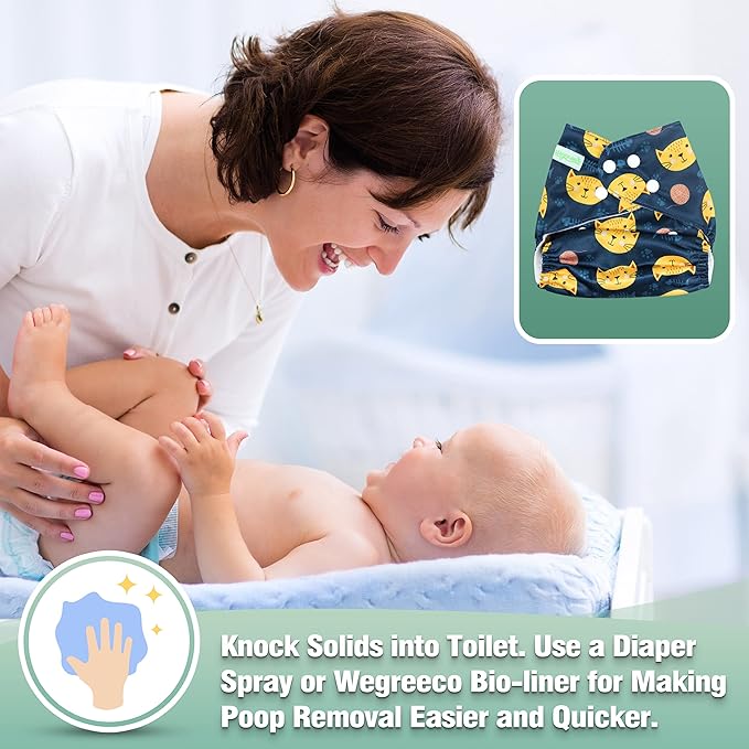 wegreeco Cloth Diapers 6 Pack with 6 Inserts & 1 Wet Bag, Washable Cloth Diapers for Babies, One Size Adjustable Reusable (Dinosaur)