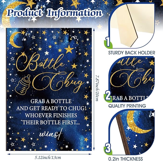 TrelaCo Star Cool Baby Shower Games Bottle Chug Sign Wooden Twinkle Moon and Star Gift Sets Gender Reveal Party Favors and 12 Pcs Baby Bottle Shower Favor for Gender Reveal Game