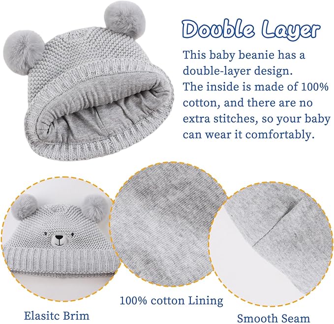 JANGANNSA Cute Bear Baby Beanie Pompom Baby Boys Hat Infant Toddler Winter Knitted Beanies for Girls