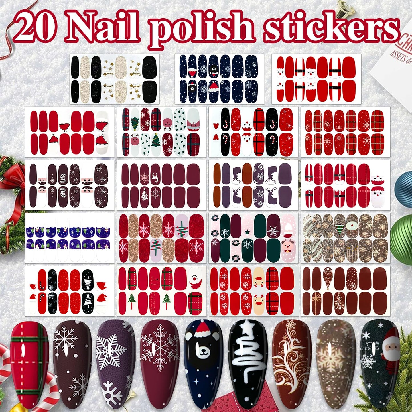 WOKOTO 20Pcs Christmas Nail Polish Stickers Full Wraps Gel Strips for Women Girls Art Christmas Father Elk Holiday Stick On Nails