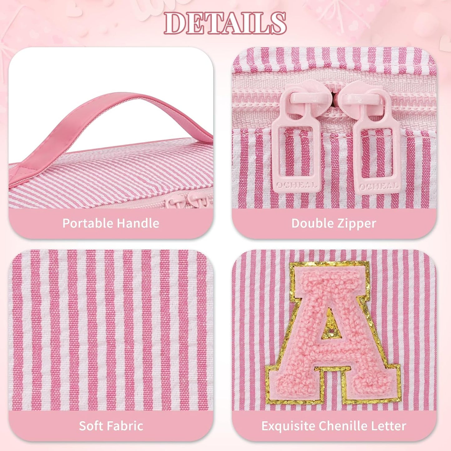 Travel Makeup Bag for Women, 2Pcs Portable Personalized Initial Makeup Organizer Bag, Open Flat Large Cosmetic Bag With Travel Essential Pouch (Pink Letter N)