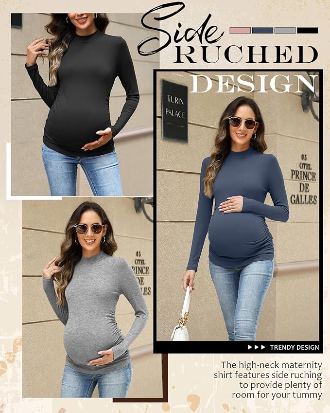 4 Packs Womens Maternity Shirts Long Sleeve Cotton Ribbed Pregnancy Mock Neck Side Ruched Workout Tops for Mama