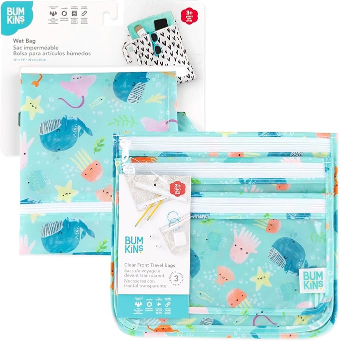 Bumkins - Waterproof Wet Bag & Clear Travel Bags - For Beach, Baby, Travel, Swim Suit, Cloth Diapers, Pump Parts, Pool, Gym, Toiletries - Reusable & Easy to Clean - Ocean Life Blue - 4 Pack