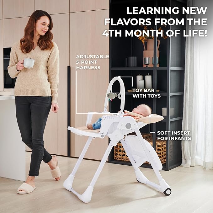 Kinderkraft Tummie, 2-in-1 high Chair, Baby Chair, Ergonomic, Comfortable, Reclining, Foldable, with Ajustable Height, Footrest, Detachable Tray, for Toddler, with Toys, Gray
